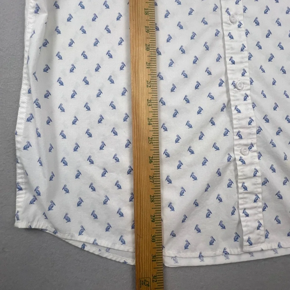 Coastal Button Down Shirt Mens XL White Blue Pelican‎ Bird Print Short Sleeve